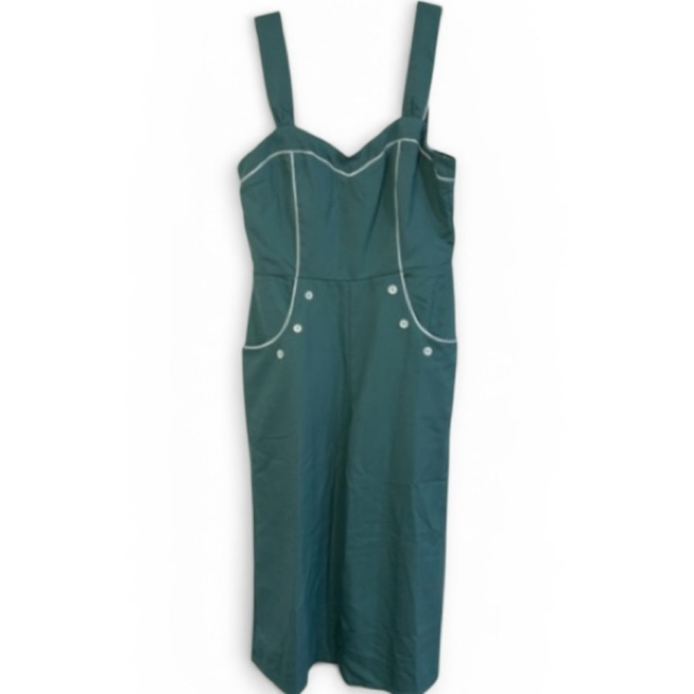 Retro Sage Green Jumpsuit White Trim Size 6-8 Nautical Rockabilly Unique Vintage